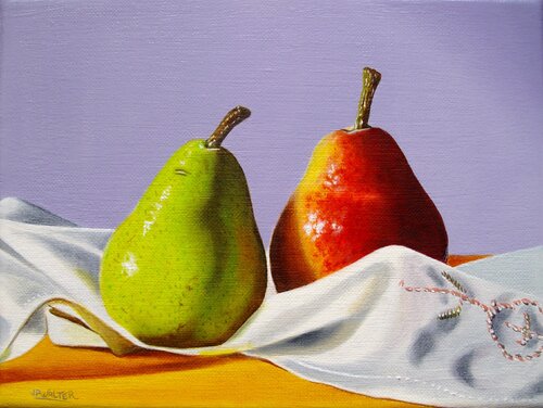 2 poires sur tissu // 2 pears on fabric by Jean-Pierre Walter, Painting for Sale on Select