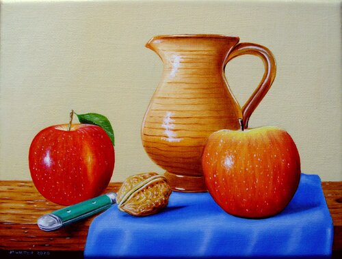2 pommes sur table // 2 apples on the table by Jean-Pierre Walter, Painting for Sale on Select