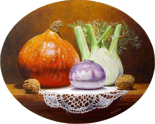 Potimarron sur dentelle // Pumpkin on lace von Jean-Pierre Walter, Malerei kaufen auf Select