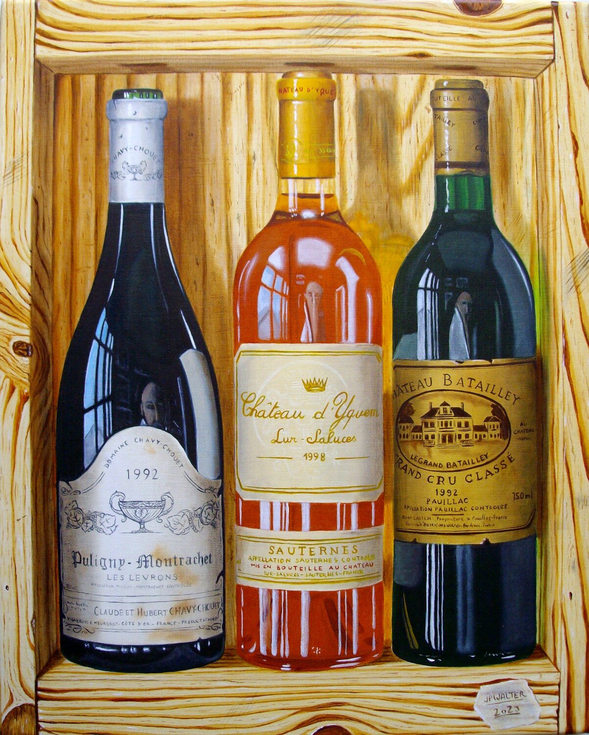 3 grands crus en trompe-l'oeil Jean-Pierre Walter Original painting for sale