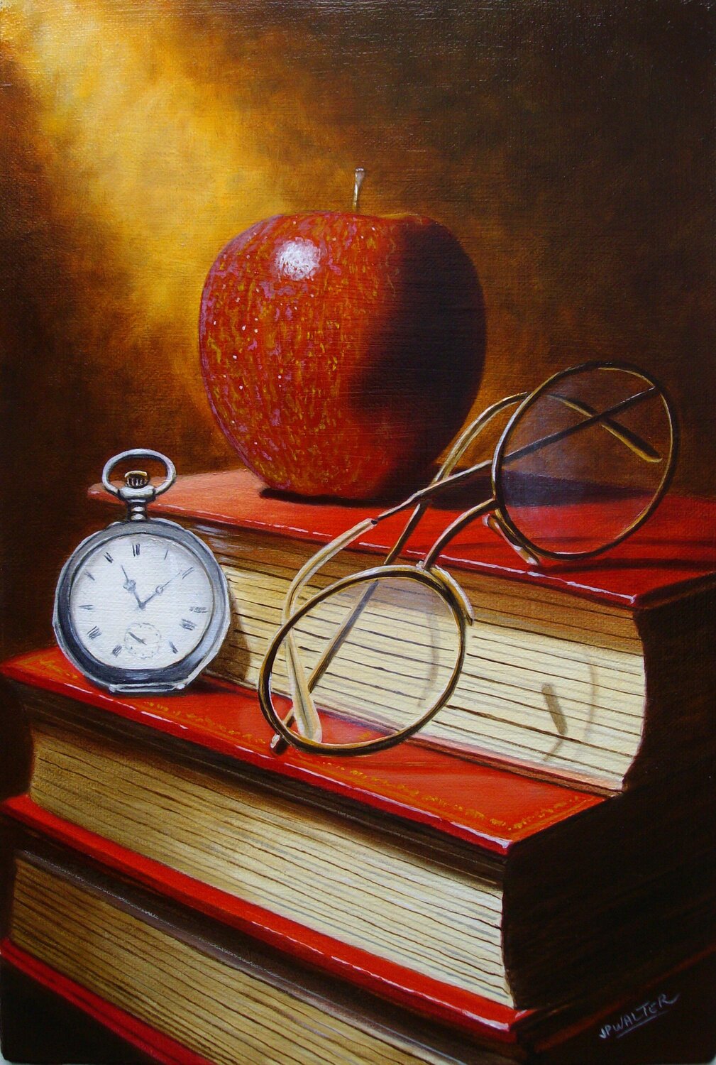 Pomme sur livres // Apple on books Jean-Pierre Walter Original painting for sale