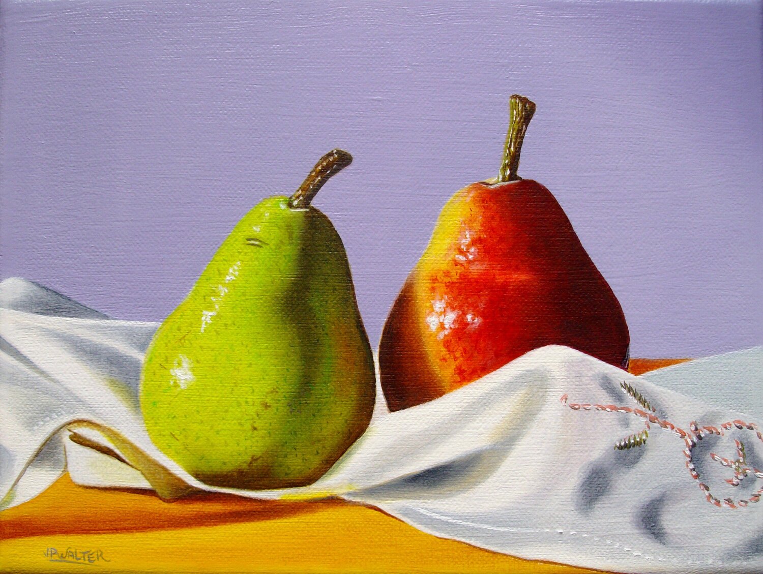2 poires sur tissu // 2 pears on fabric Jean-Pierre Walter Original painting for sale