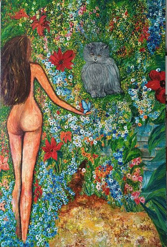 JEUNE FILLE AU CHAT AVEC L'OISEAU BLEU by Christiane Guerry, Painting for Sale on Select