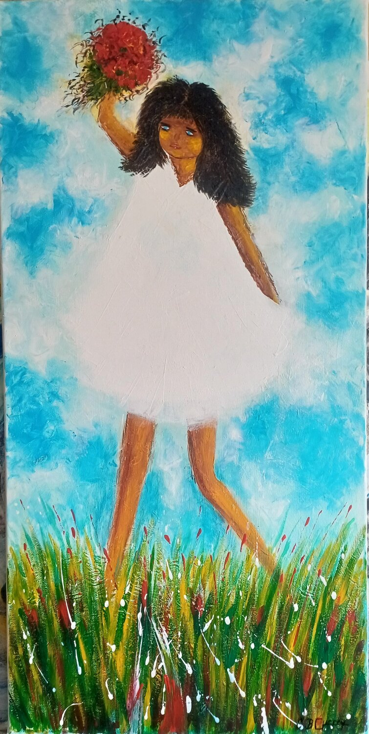 LA PETITE FILLE AUX YEUX BLEUS Christiane Guerry Original painting for sale