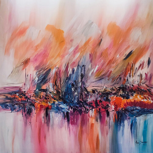 Feu sur la glace - grand tableau abstrait rouge orange couleurs chaudes by ÂME SAUVAGE, Painting for Sale on Select