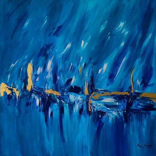L'or des mers 2 - tableau abstrait bleu et or avec feuilles d'or véritable 24 carats by ÂME SAUVAGE, Painting for Sale on Select