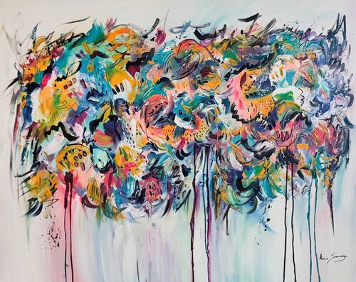 Objets et formes - grand tableau abstrait multicolore by ÂME SAUVAGE, Painting for Sale on Select