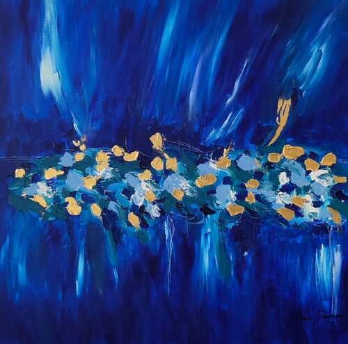 Fleurs d'or - tableau abstrait bleu et or avec feuilles d'or véritable 24 carats by ÂME SAUVAGE, Painting for Sale on Select