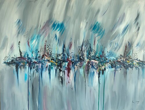 Paysage bleu artificiel - grand tableau abstrait bleu gris by ÂME SAUVAGE, Painting for Sale on Select
