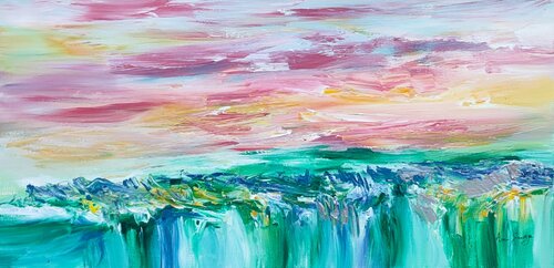 Océan végétal - tableau abstrait rouge vert panoramique by ÂME SAUVAGE, Painting for Sale on Select