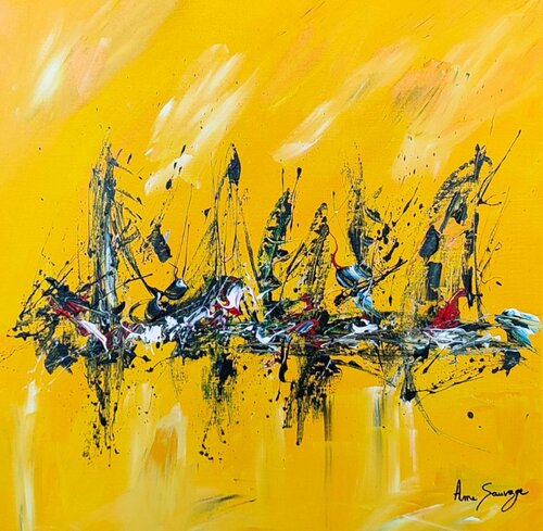 Vivant - tableau abstrait jaune noir rouge by ÂME SAUVAGE, Painting for Sale on Select