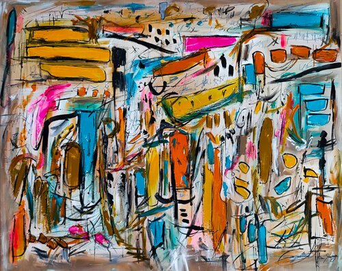 Bâti cubique - grand tableau abstrait coloré by ÂME SAUVAGE, Painting for Sale on Select