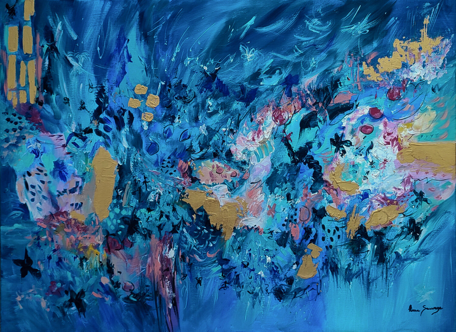 Luxe aquatique - tableau abstrait bleu et feuilles d'or véritable 24 carats ÂME SAUVAGE Original painting for sale