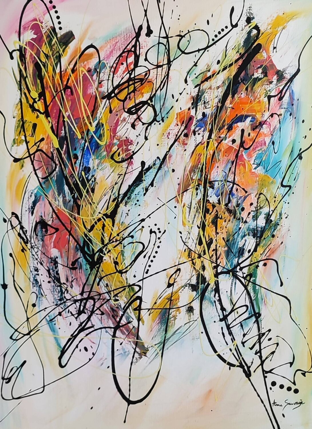 Force et stature - tableau abstrait multicolore vertical ÂME SAUVAGE Original painting for sale