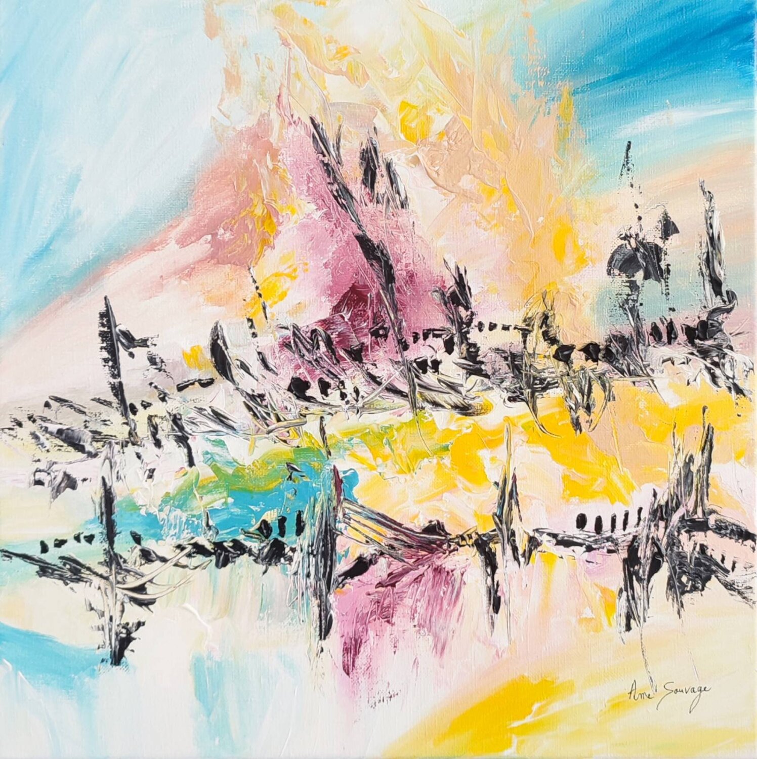 Pont en flammes - tableau abstrait multicolore ÂME SAUVAGE Original painting for sale