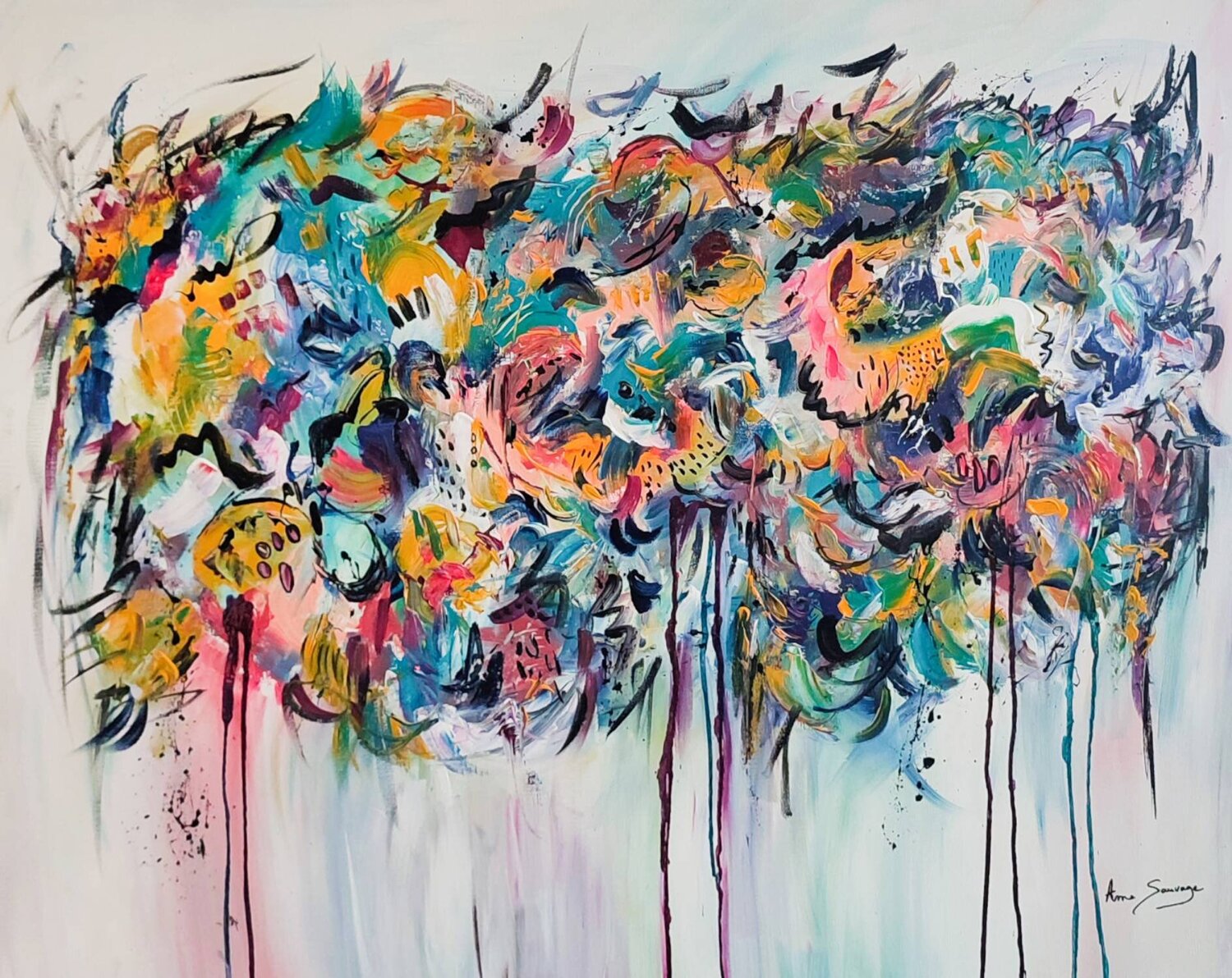 Objets et formes - grand tableau abstrait multicolore ÂME SAUVAGE Original painting for sale