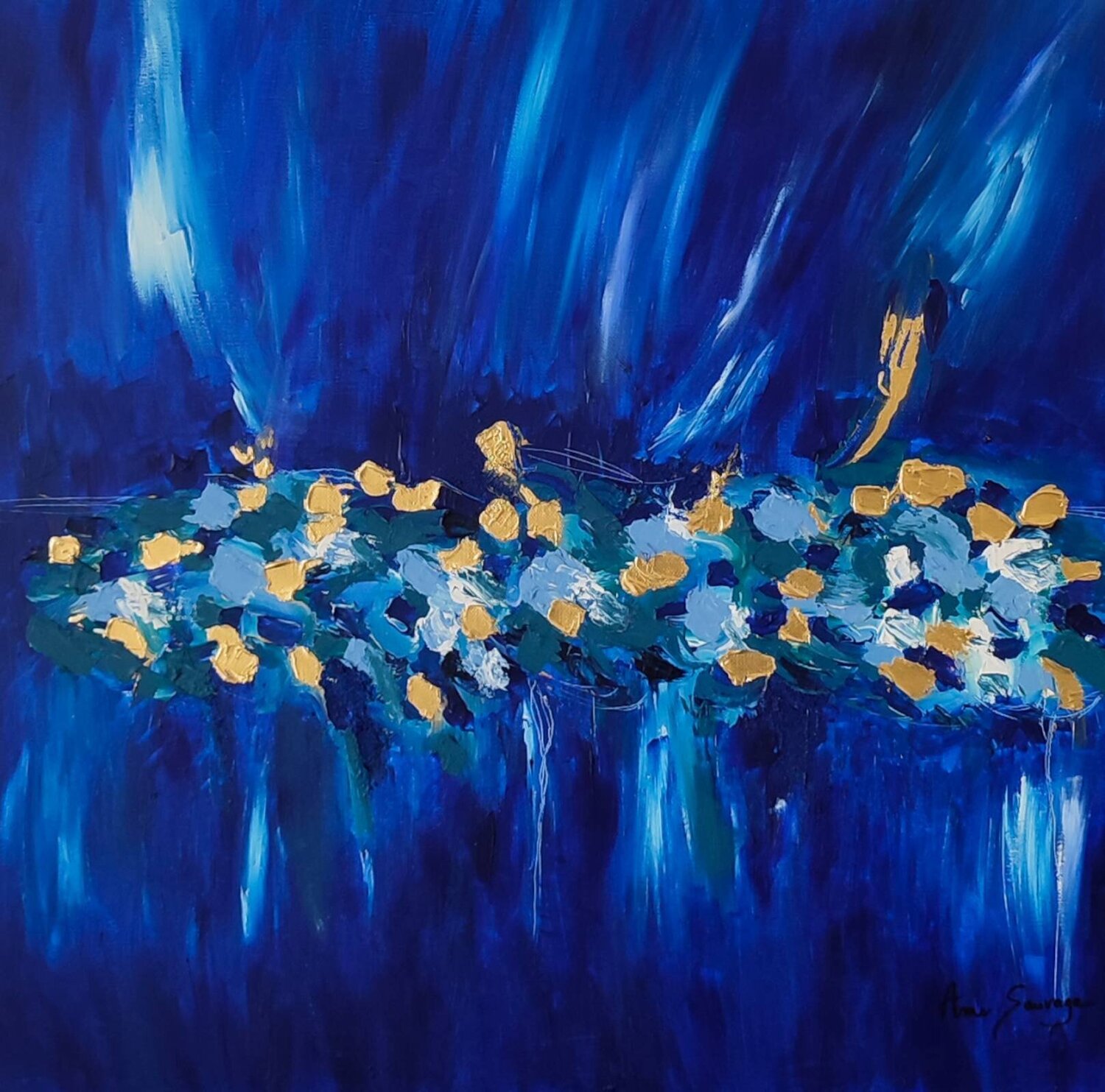 Fleurs d'or - tableau abstrait bleu et or avec feuilles d'or véritable 24 carats ÂME SAUVAGE Original painting for sale