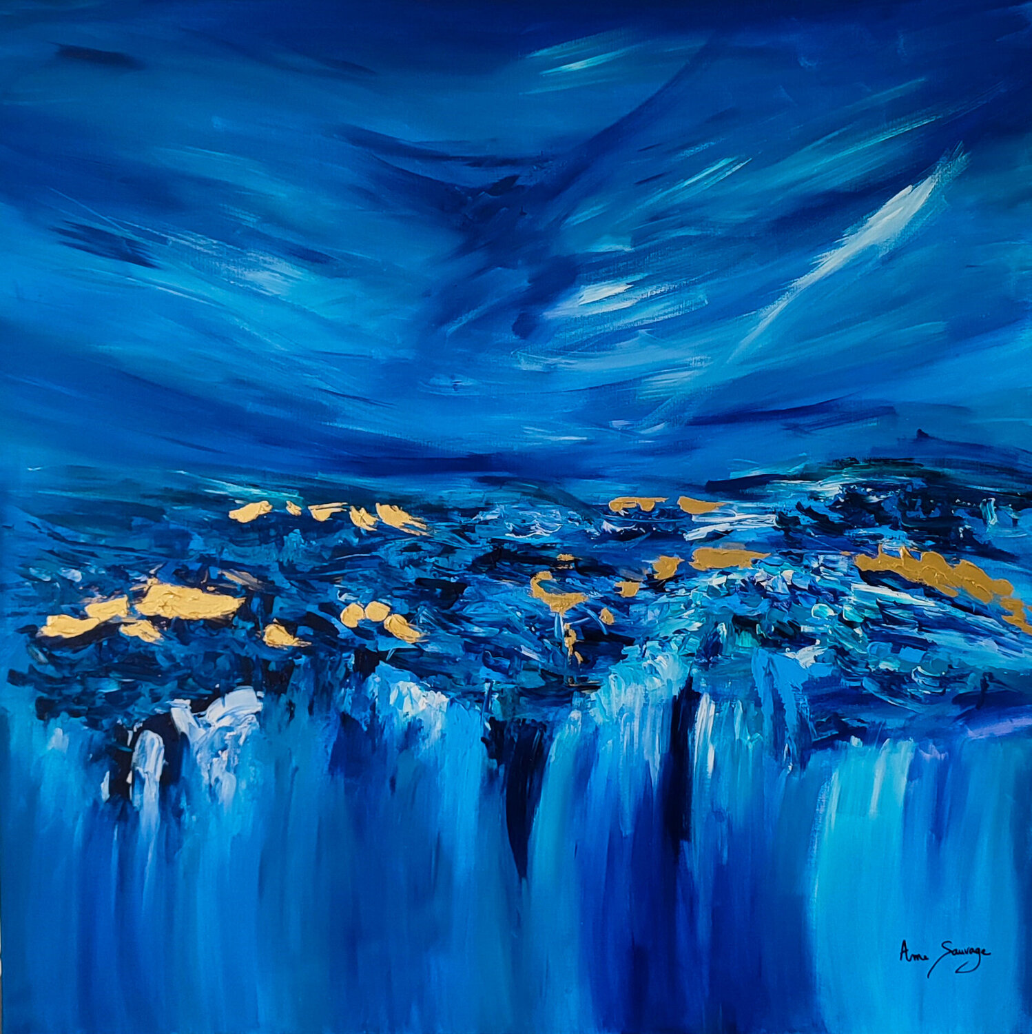 Bleu et or 2 - tableau abstrait bleu et or avec feuilles d'or véritable 24 carats ÂME SAUVAGE Original painting for sale