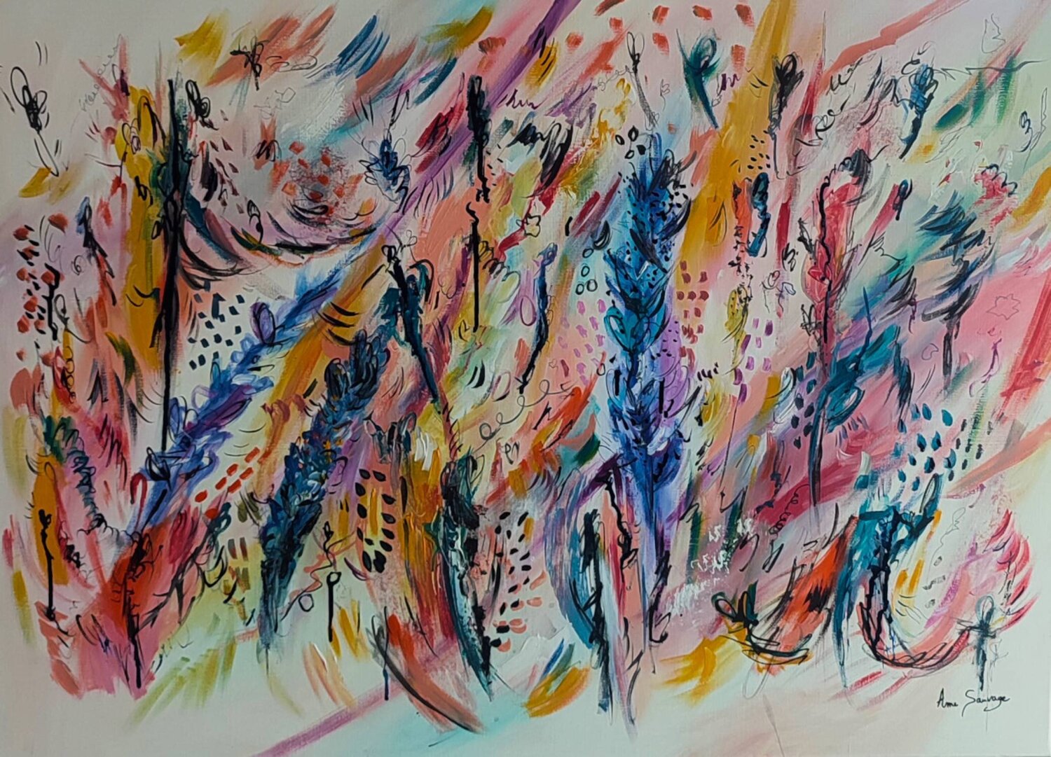 Le plaisir de butiner - grand tableau abstrait coloré ÂME SAUVAGE Original painting for sale