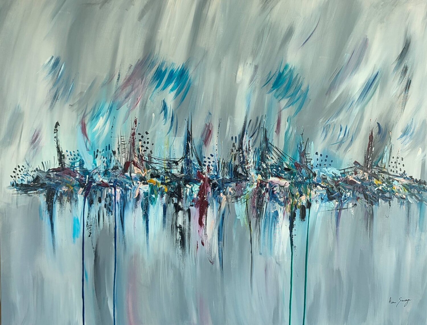 Paysage bleu artificiel - grand tableau abstrait bleu gris ÂME SAUVAGE Original painting for sale