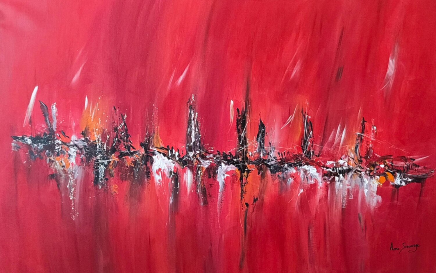 Rouge incandescent - tableau abstrait rouge noir blanc ÂME SAUVAGE Original painting for sale