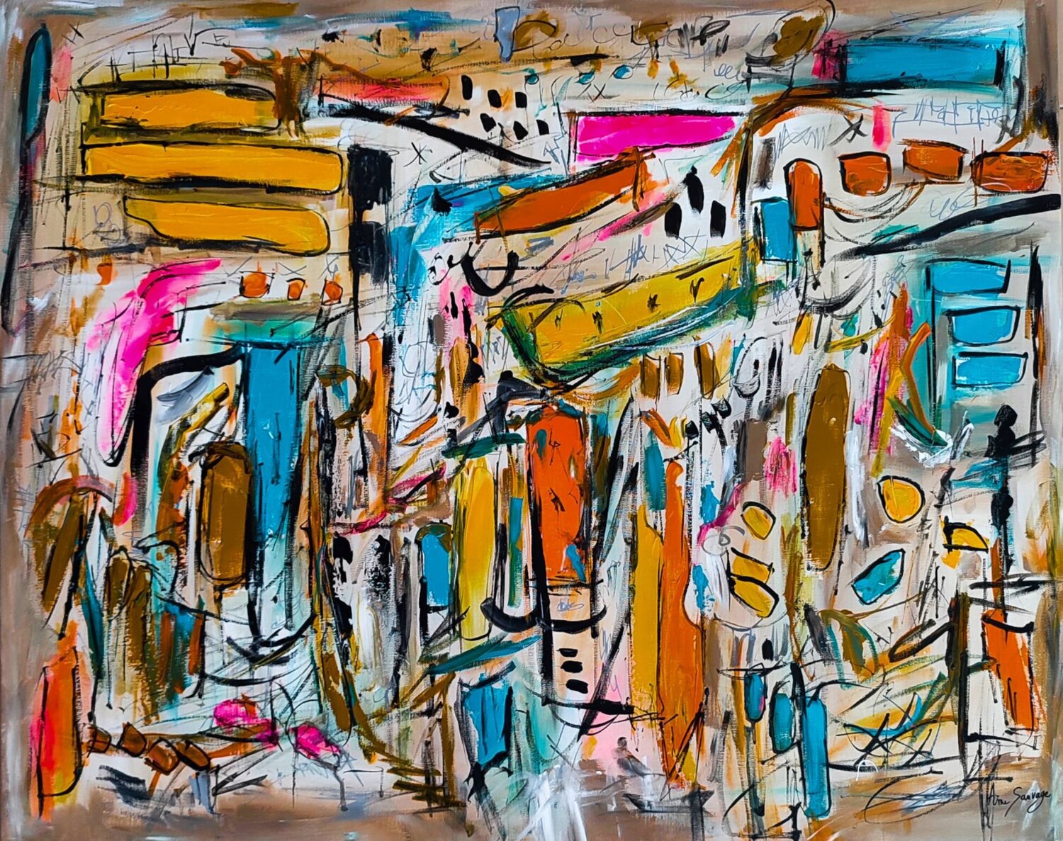 Bâti cubique - grand tableau abstrait coloré ÂME SAUVAGE Original painting for sale