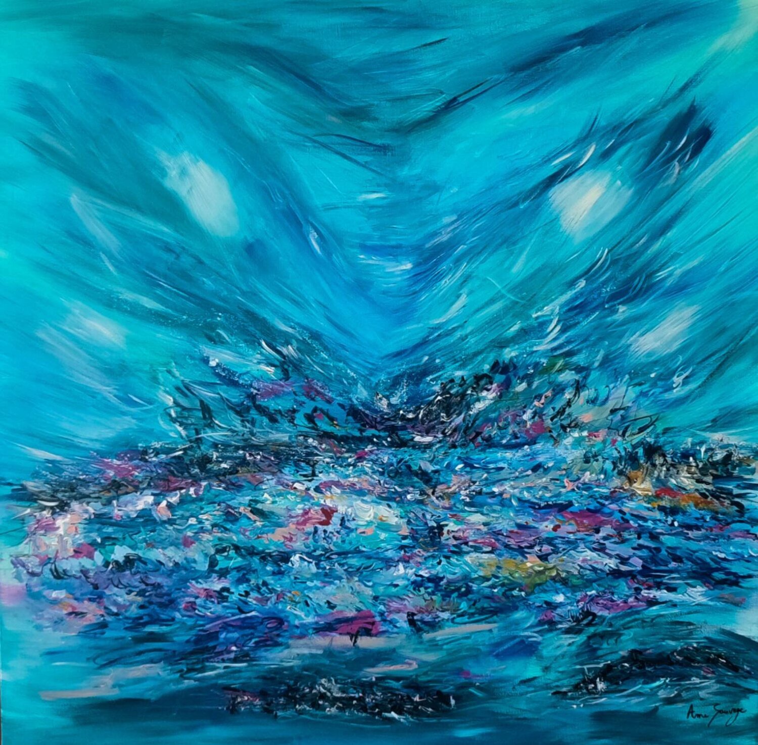 Loin du monde - grand tableau abstrait bleu ÂME SAUVAGE Original painting for sale