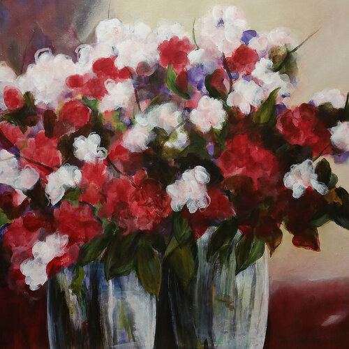 Blossoms in Two Vases by Ute Roehe, Painting for Sale on Select