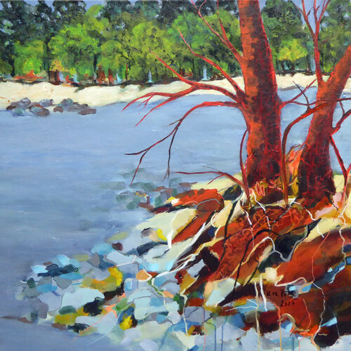 Red trees by the river by Ute Roehe, Painting for Sale on Select