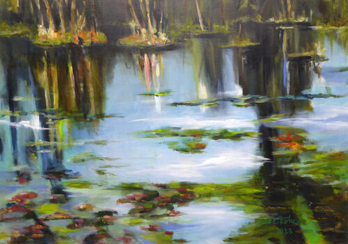 Water Lily Pond by Ute Roehe, Painting for Sale on Select
