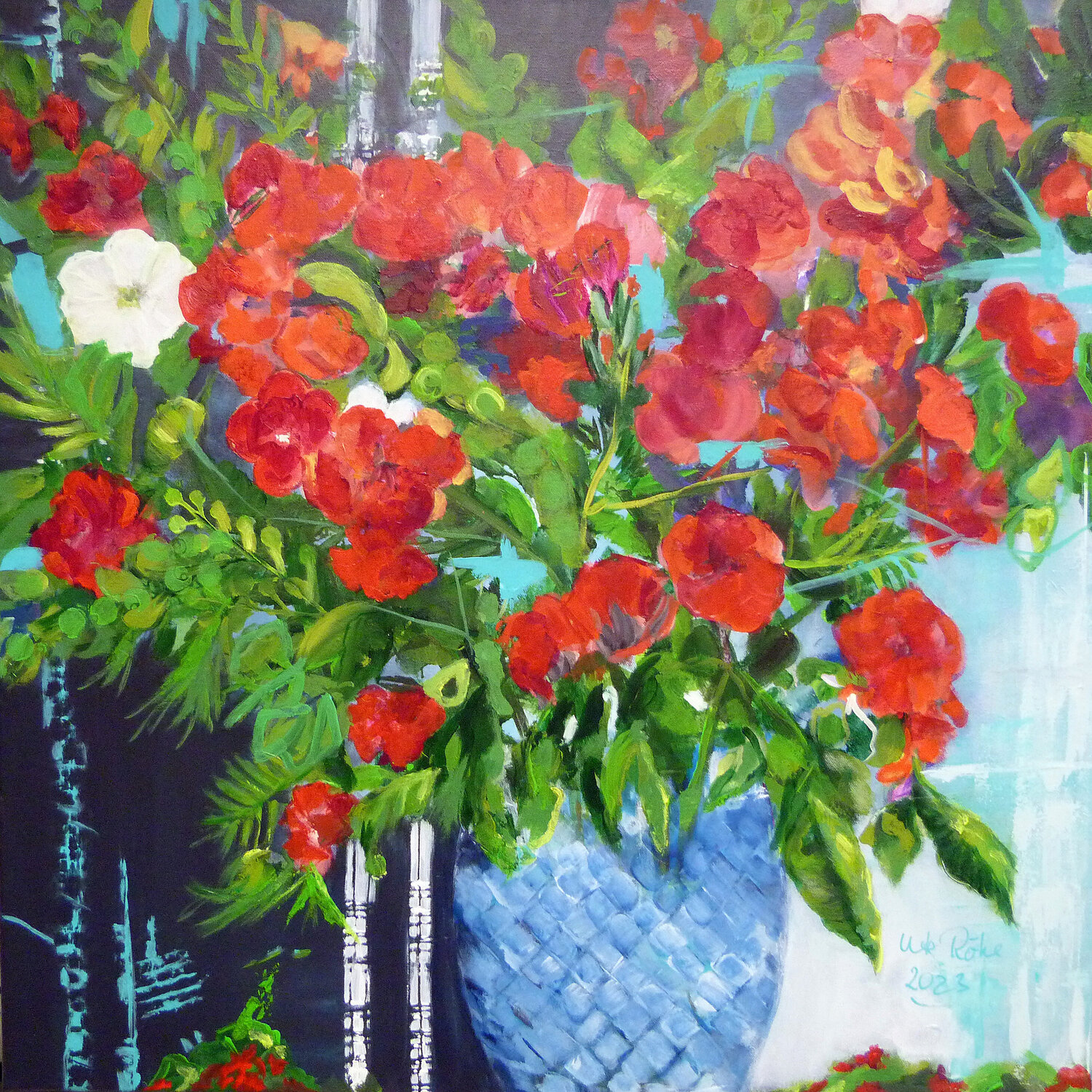 Red Flowers in a Vase Ute Roehe Original painting for sale