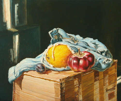 A Melon in Jeans by Andrii Zhukov, Painting for Sale on Select