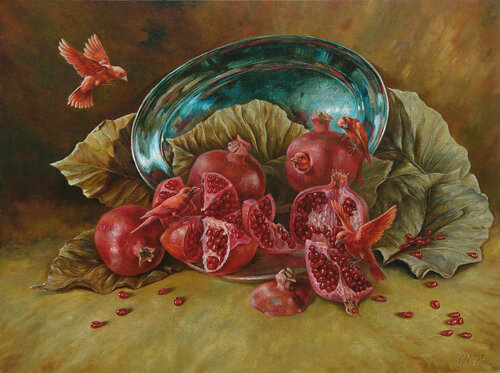 Pomegranate Birds by Andrii Zhukov, Painting for Sale on Select