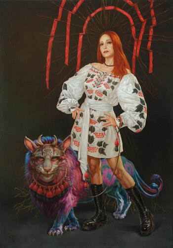 Portrait of a woman with a fantastic beast by Andrii Zhukov, Painting for Sale on Select