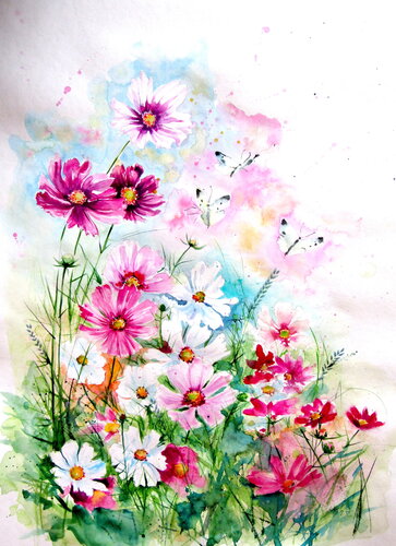 Cosmos flowers with butterflies by Anna Brigitta Kovacs, Painting for Sale on Select