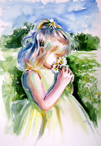Girl with white flowers by Anna Brigitta Kovacs, Painting for Sale on Select