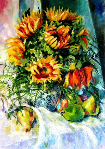 Still life with sunflowers and fruits by Anna Brigitta Kovacs, Painting for Sale on Select