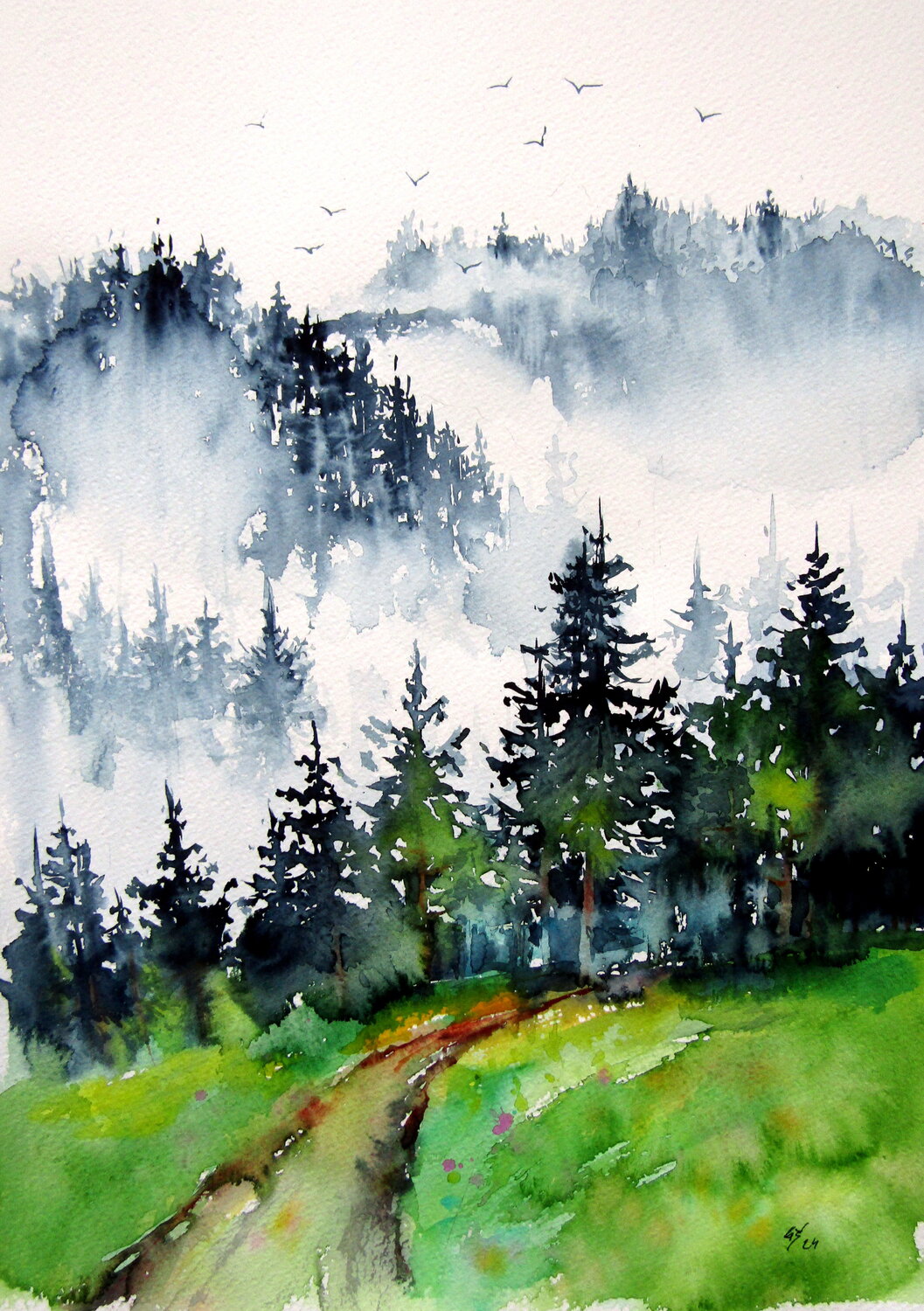 Forest with birds Anna Brigitta Kovacs Original painting for sale