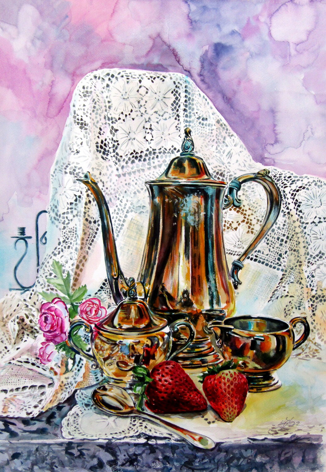 Still life with strawberries and rose Anna Brigitta Kovacs Original painting for sale