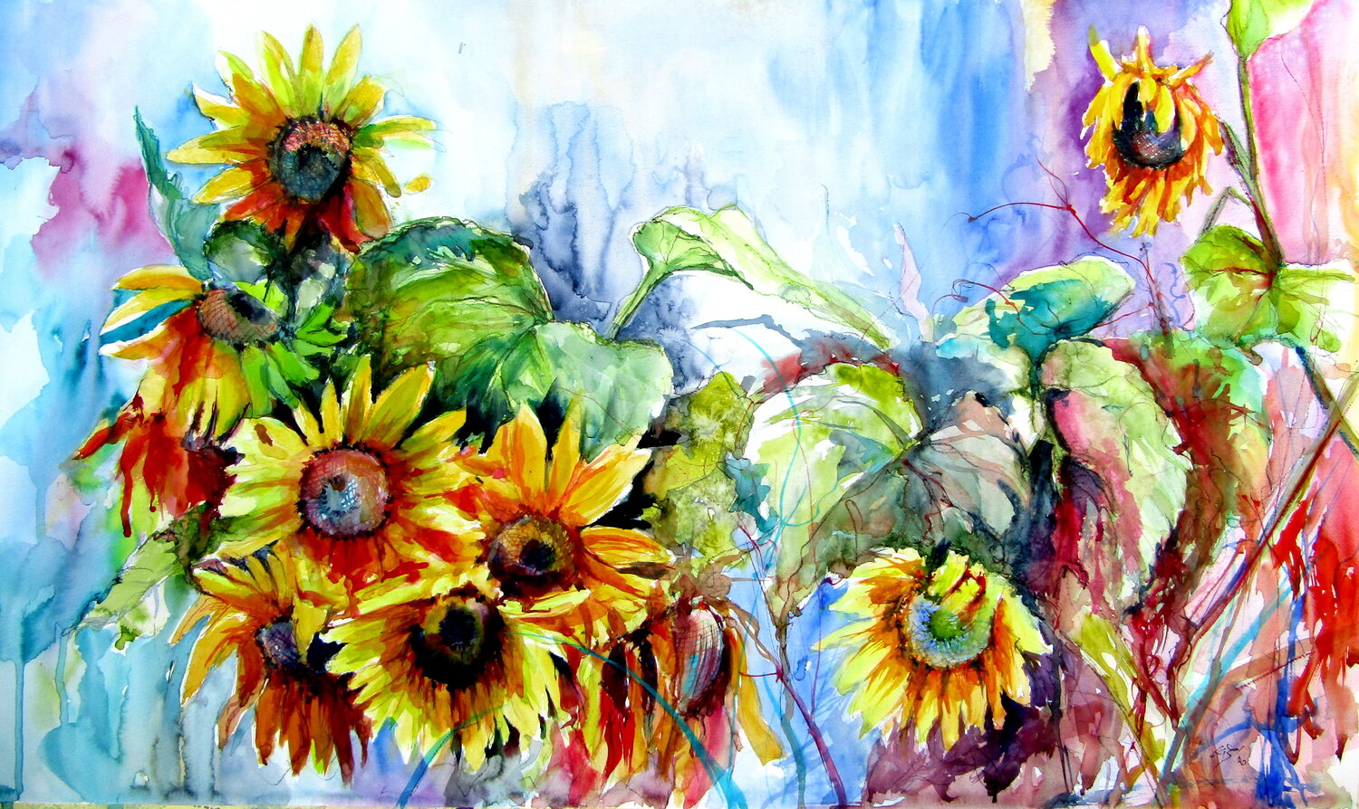 Colorful life with sunflowers Anna Brigitta Kovacs Original painting for sale