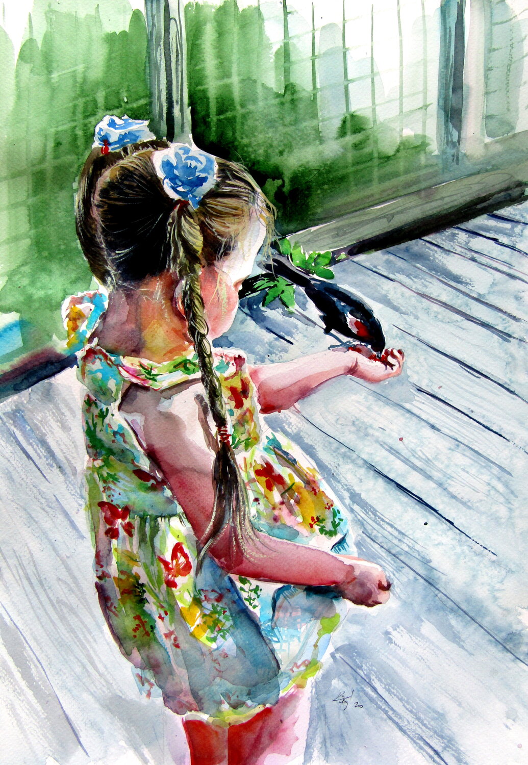 Feeding the bird Anna Brigitta Kovacs Original painting for sale