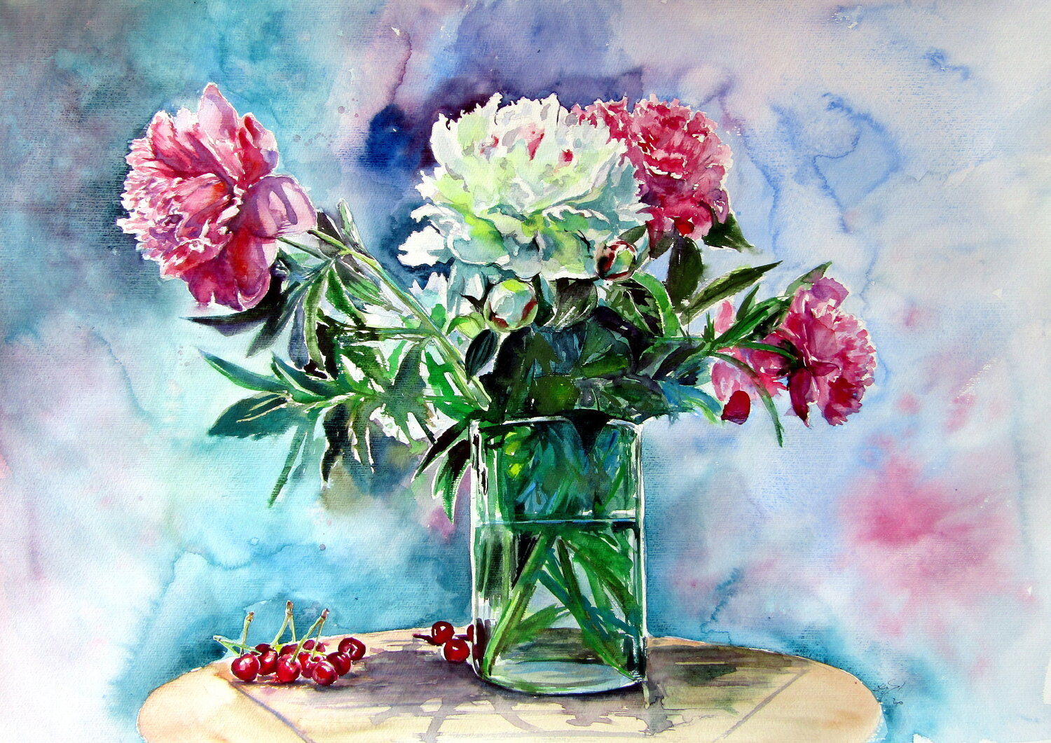 Still life with peony and cherry Anna Brigitta Kovacs Original painting for sale