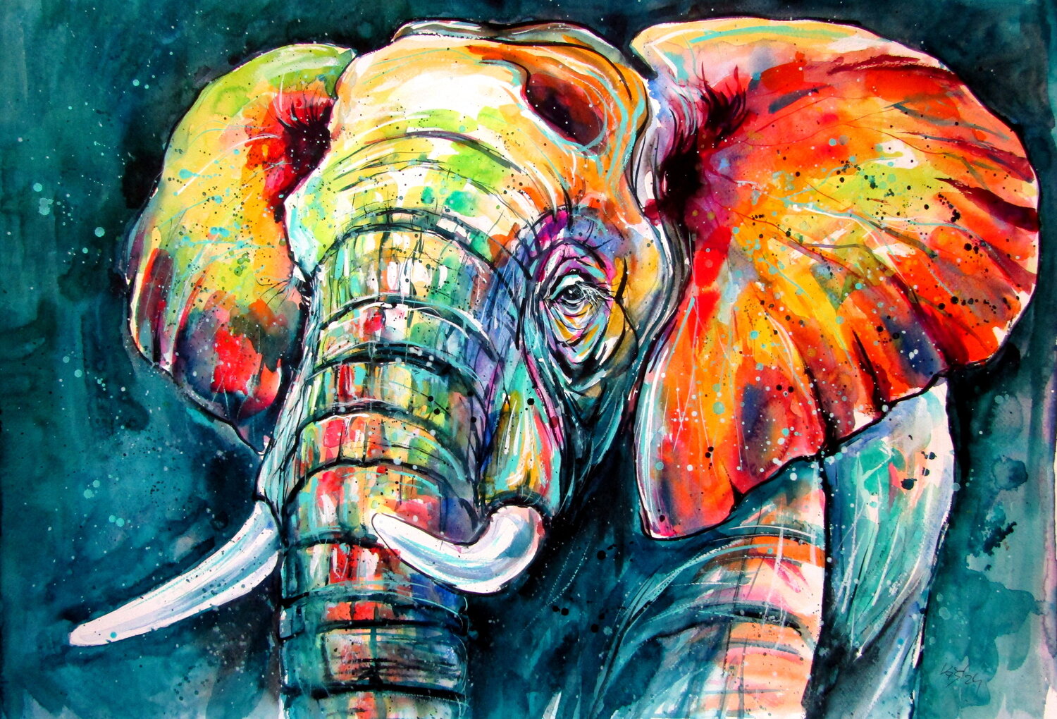 Majestic colorful elephant II Anna Brigitta Kovacs Original painting for sale