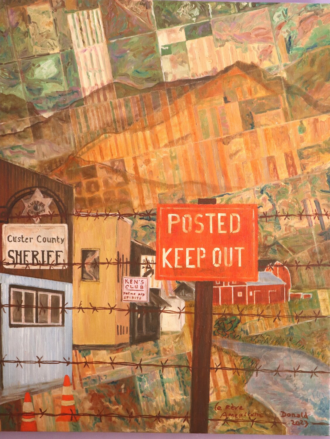 POSTED KEEP OUT  ou LE REVE AMERICAIN DONALD LE HERON Original painting for sale