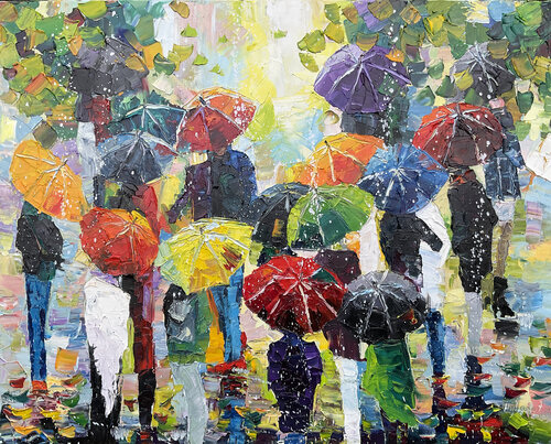 Abstract oil painting Umbrellas II by Mariia Hyhar, Painting for Sale on Select