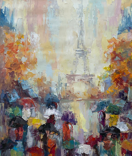 Autumn Paris umbrellas by Mariia Hyhar, Painting for Sale on Select