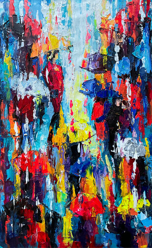 Bright umbrellas. Lady in pink by Mariia Hyhar, Painting for Sale on Select