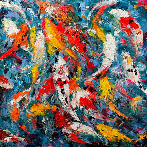 Vivid koi in blue water by Mariia Hyhar, Painting for Sale on Select