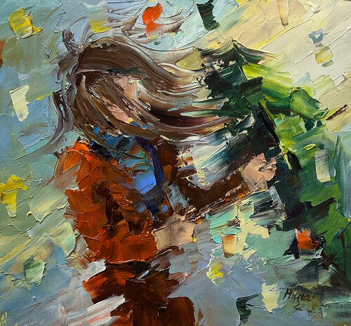 Green umbrella.  Windy day by Mariia Hyhar, Painting for Sale on Select