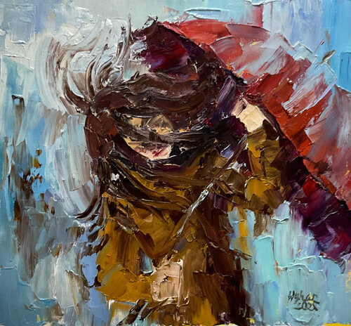 Red umbrella.  Windy day by Mariia Hyhar, Painting for Sale on Select